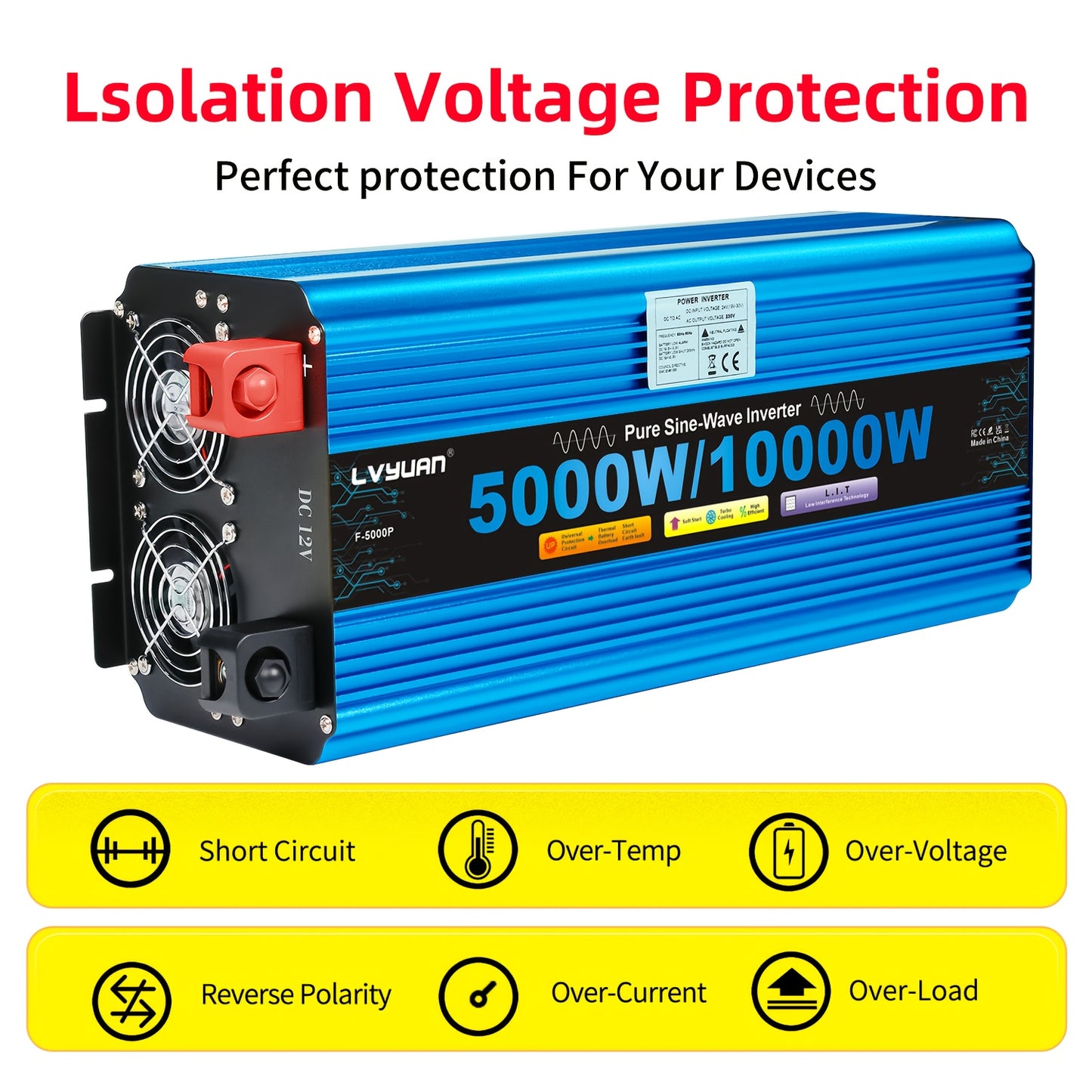 Power Inverter – Omvormer – Spanningsomzetter – DC naar AC Converter – Wisselstroom Adapter – 24V Variant – 5000W Continu Vermogen – Pure Sinusgolf Met LED Display & USB-poort