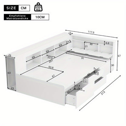 Bedframe – Eenpersoonsbed – Opbergbed – Slaapbank – Ledikant – Met Laden, Boekenplank en Kastje – Stevig Niet-Houten Materiaal, Eenvoudige Montage – Wit Modern Compact Design