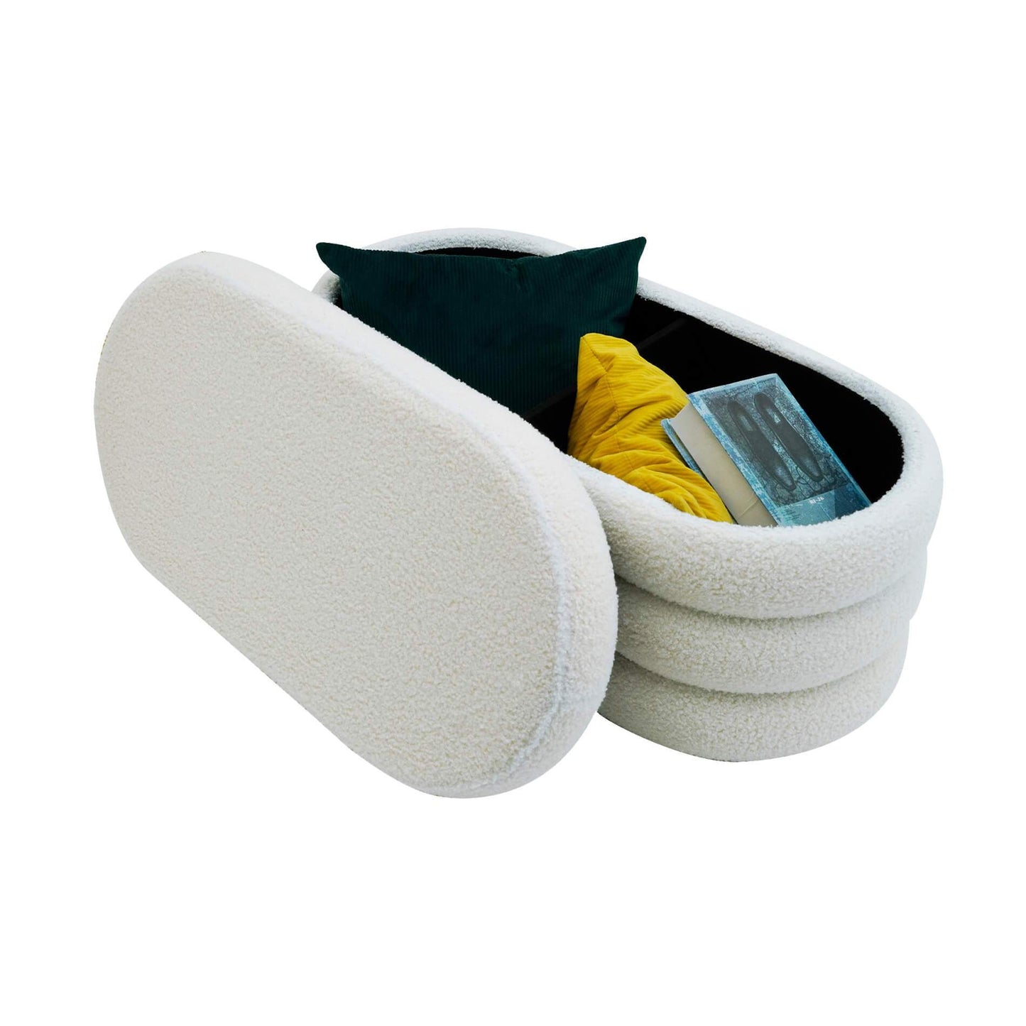 Poef – Hocker – Opbergpoef – Zitpoef – Voetenbank – Lange Ovale Vorm – Polyester Teddy Stof & Opbergruimte – Afmeting 38x76x38 cm – MDF Constructie