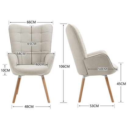 Scandinavische Fauteuil – Armstoel – Lounge Stoel – Zetel – Relaxstoel – Beige Patchwork Stof – Houten Poten – Ergonomisch Design