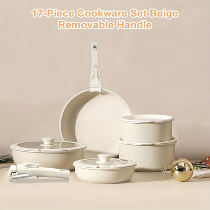 Keramische Pannenset – Kookpannenset – Koekenpannen – Non-stick Pannen – Kookgerei Set – 17-delig – Afneembare Handgrepen – Geschikt Voor Oven & Vaatwasser