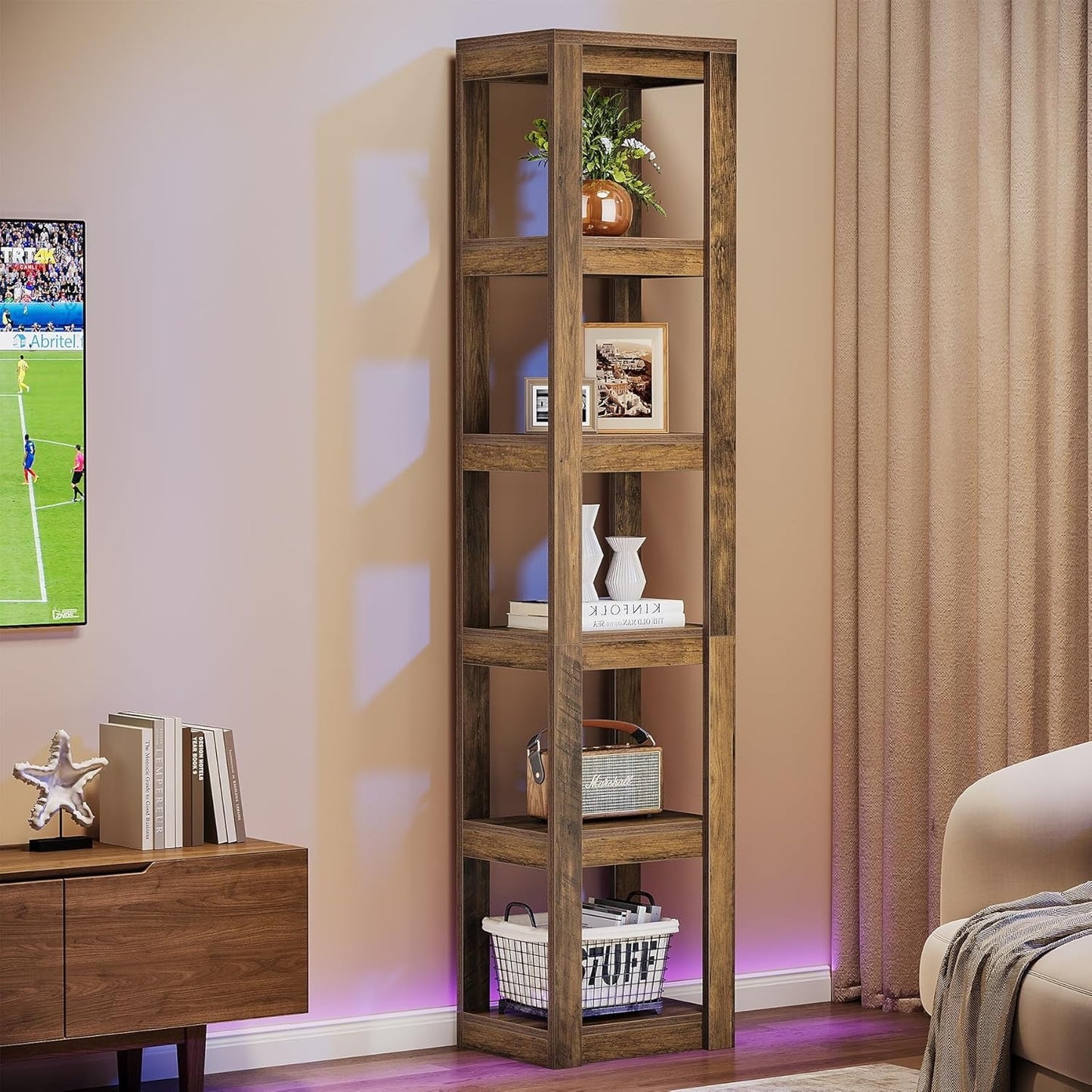 Boekenplank – Boekenrek – Wandplank – Boekenhouder – Hoekboekenkast – Vrijstaand – 6-laags – Smal en 180 cm Hoog – Rustiek Bruin Hout