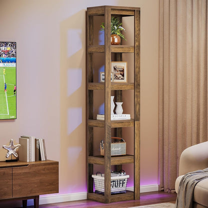 Boekenplank – Boekenrek – Wandplank – Boekenhouder – Hoekboekenkast – Vrijstaand – 6-laags – Smal en 180 cm Hoog – Rustiek Bruin Hout