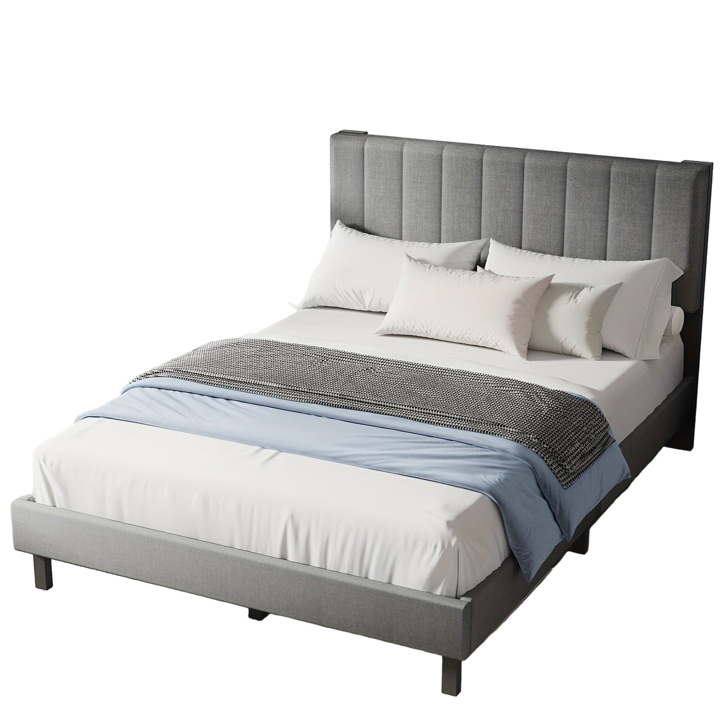 Bedframe – Bed – Slaapbank – Ledikant – Boxspring – Grijs Linnen – Stevig Houten Frame – 200x140 cm