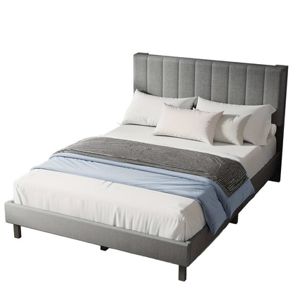 Bedframe – Bed – Slaapbank – Ledikant – Boxspring – Grijs Linnen – Stevig Houten Frame – 200x140 cm