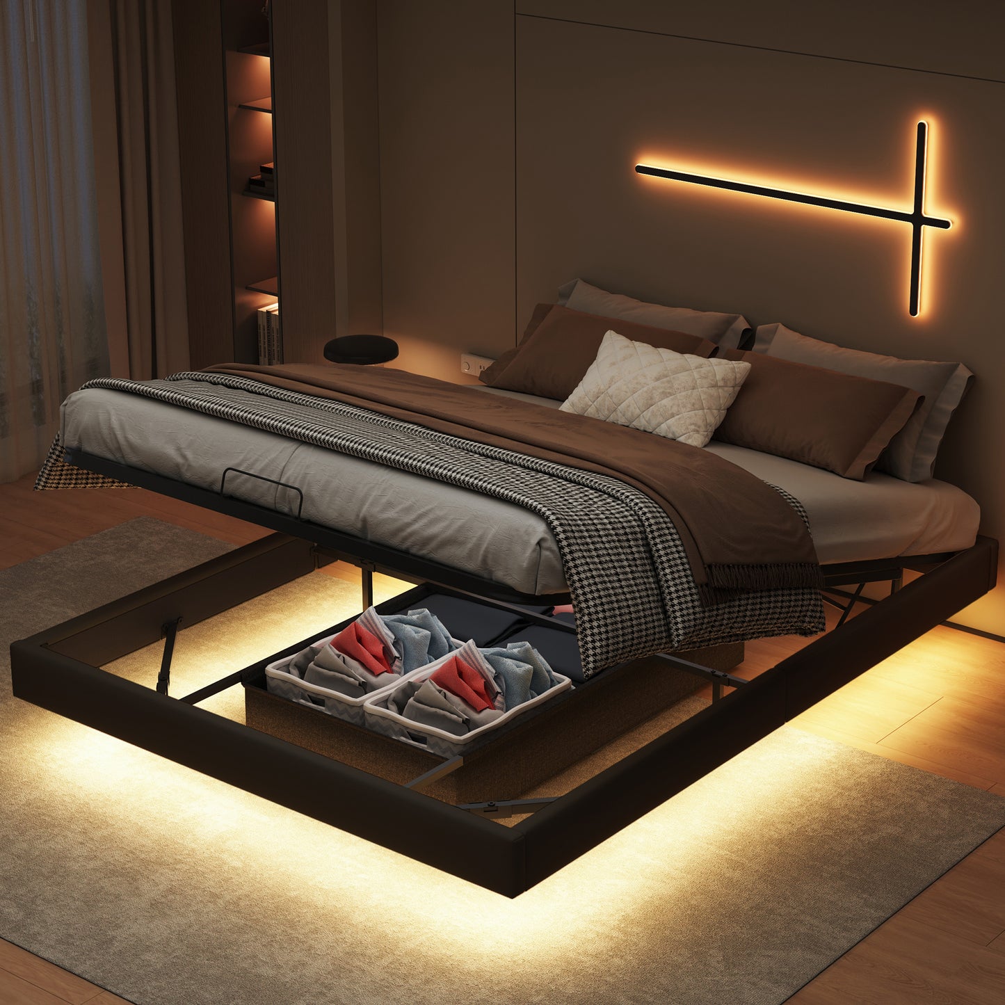Upholstered Bed – Gestoffeerd Bed – Tweepersoonsbed – Bedframe – Slaapbank – Zwevend Design – Opbergruimte Onder Bed – 160x200 cm – PU Materiaal Beige