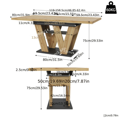 Extendable Dining Table with W-Shaped Legs - Expandable Kitchen Table Suitable for Small Spaces, Pull-Out (119-158.5×80cm), Assembly, Wood Color, Modern Style for Living Room & Dining Room