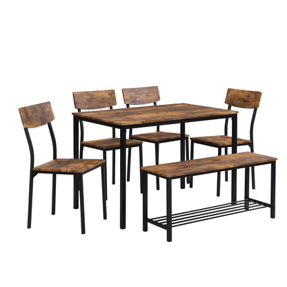 Eettafelset – 6-Delige Diningset – Stoelenset – Bank En Tafel – Houten Eettafel – Industrieel Design – Duurzaam MDF En Stalen Frame – Compact Met Opbergruimte