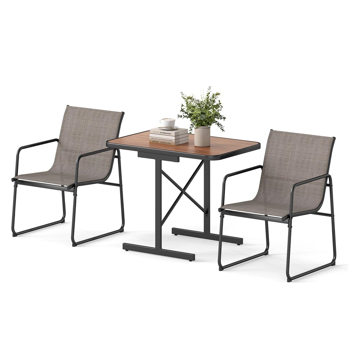 3-delige Tuinmeubelset – Bistroset – Balkonset – Terrasmeubilair – Tuinmeubilair – Ruimtebesparend Ontwerp – Comfortabele Ademend Stof – Zwart Frame Met Bruin Tafelblad