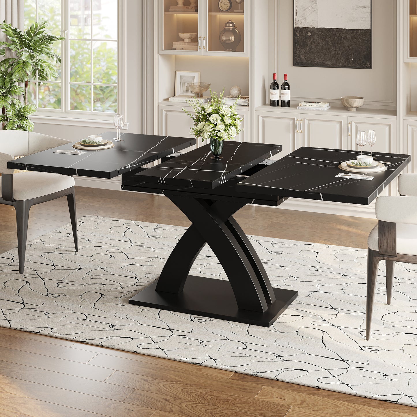 Uitklaptafel – Klaptafel – Vouwtafel – Eettafel – Campingtafel – Verlengbaar 120-160 cm – Marmerlook MDF Tafelblad – Stabiel Zwart X-Frame
