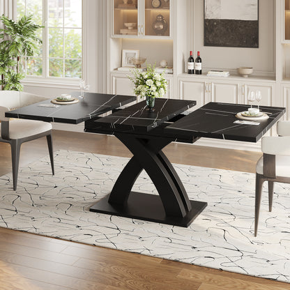 Uitklaptafel – Klaptafel – Vouwtafel – Eettafel – Campingtafel – Verlengbaar 120-160 cm – Marmerlook MDF Tafelblad – Stabiel Zwart X-Frame