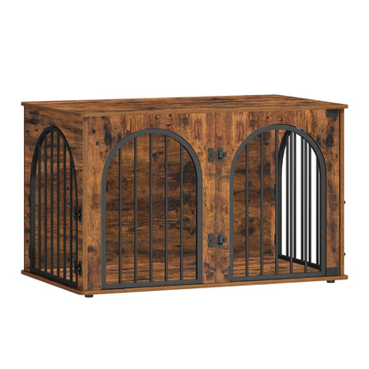 Modern & Black Dog Crate Furniture with 3-Arched Doors & Side Table - Sturdy Iron Construction, Spacious 100x60x63cm Indoor Kennel for Large Dogs, Durable Pet House with Storage Shelf, Decorative & Functional Design for Home - QUORE