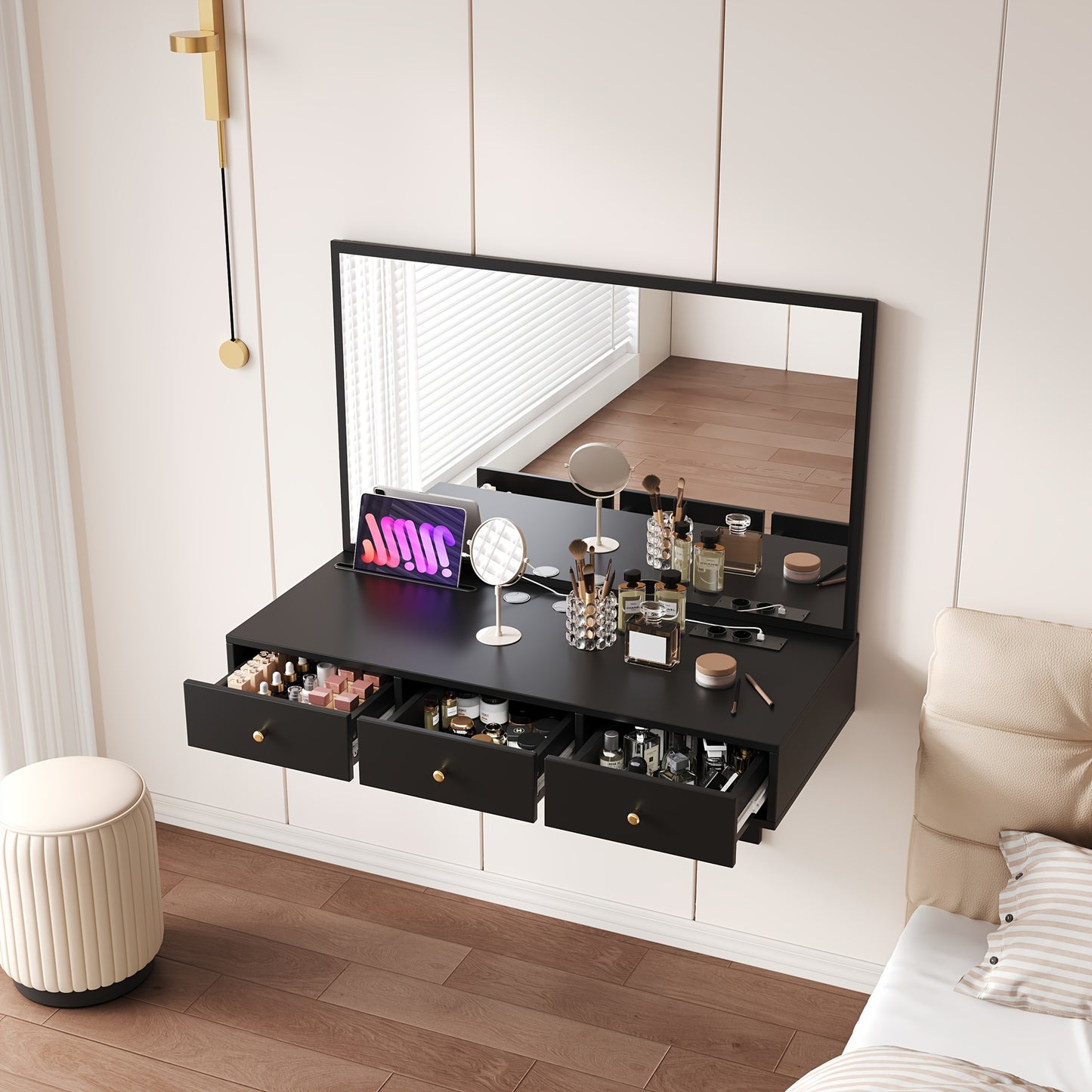 Kaptafel – Make-Up Tafel – Schminktisch – Toilettafel – Vanity Table – Mat Zwart – Compact Met Spiegel – 3 Laden Opbergruimte – Bamboe-Alternatief – Ingebouwde Bekerhouder