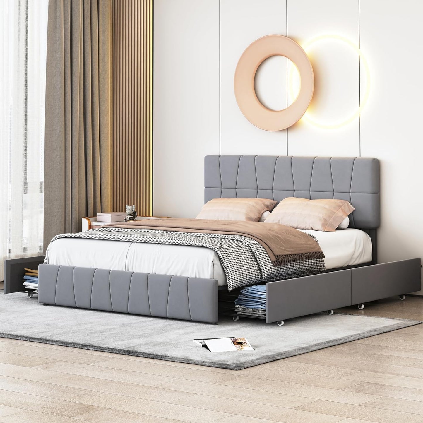 Bedframe – Tweepersoonsbed – Gestoffeerd Bed – Bedbank – Platformbed – Verstelbaar Hoofdbord – 160x200 cm – Grijze Linnen Bekleding – Opberglades – Metalen Frame
