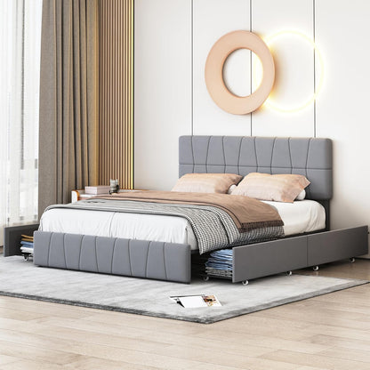 Bedframe – Tweepersoonsbed – Gestoffeerd Bed – Bedbank – Platformbed – Verstelbaar Hoofdbord – 160x200 cm – Grijze Linnen Bekleding – Opberglades – Metalen Frame