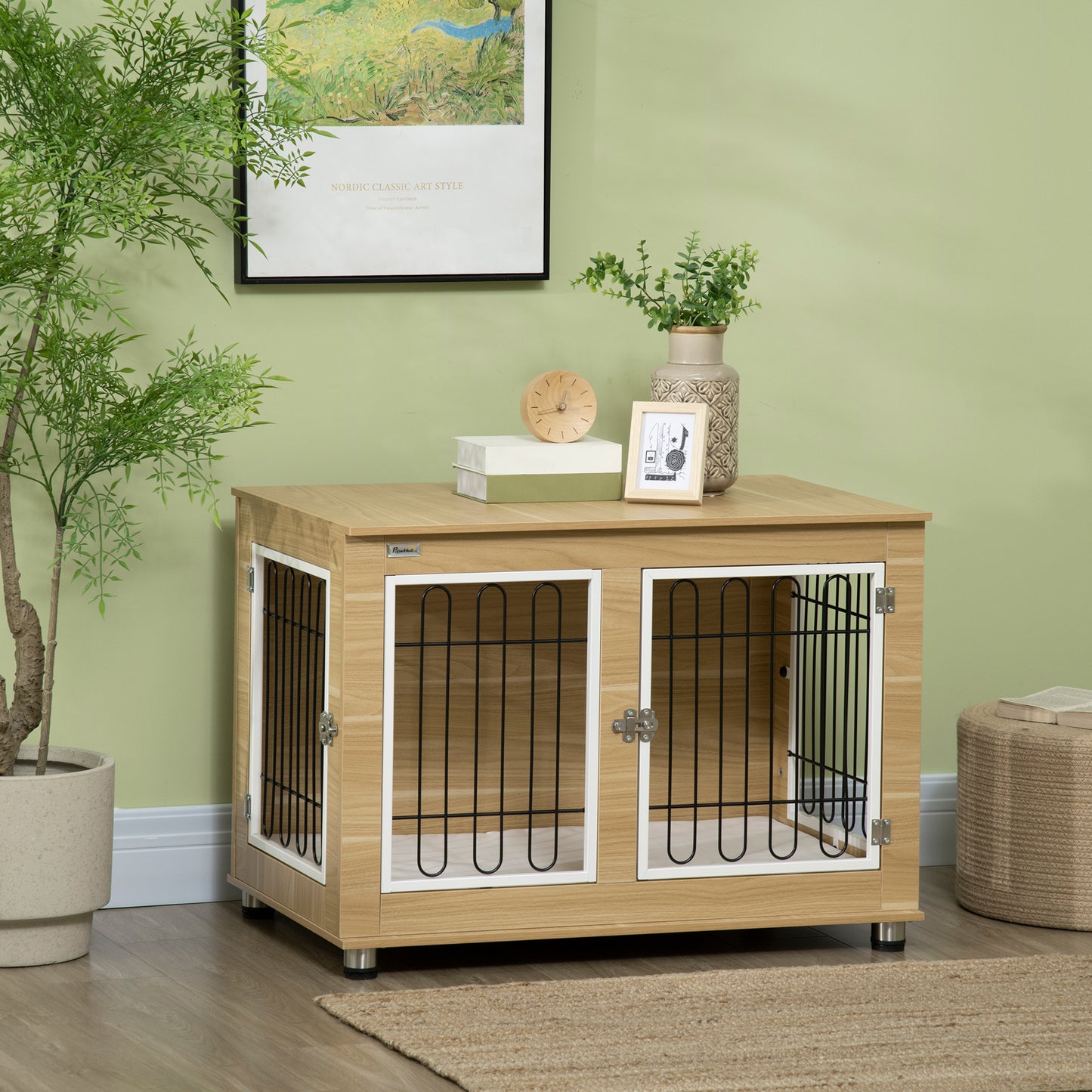 Hondenbench – Hondenkooi – Hondenkist – Reismand – Bench Voor Medium Honden – Wasbaar Kussen – 2 Deuren Met Slot – 90x58x65 cm – Natuurlijk Houtdesign
