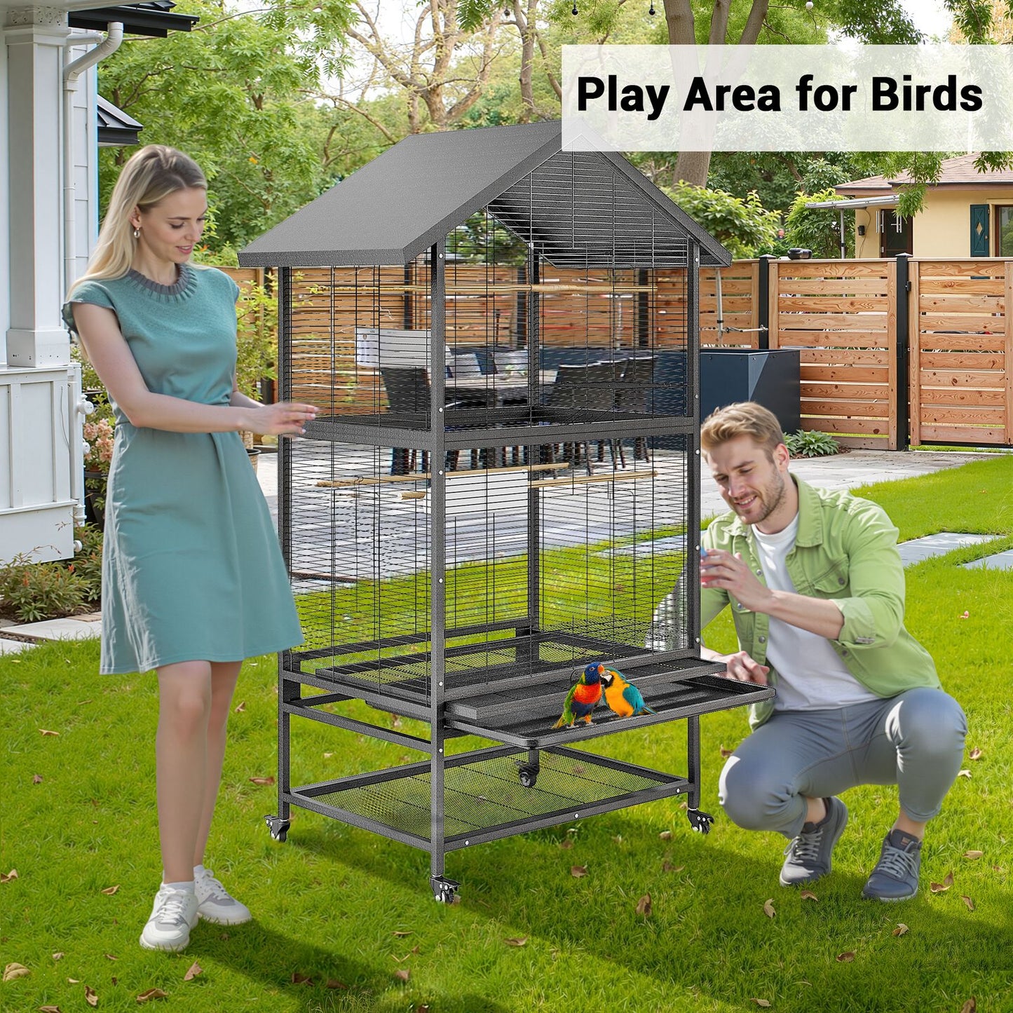 Vogelkooi – Vogelhuis – Vogelkooi Met Wieltjes – Vogelverblijf – Vogelkooi Zwart – Stevige Metaalconstructie – Mobiel Met Opbergruimte