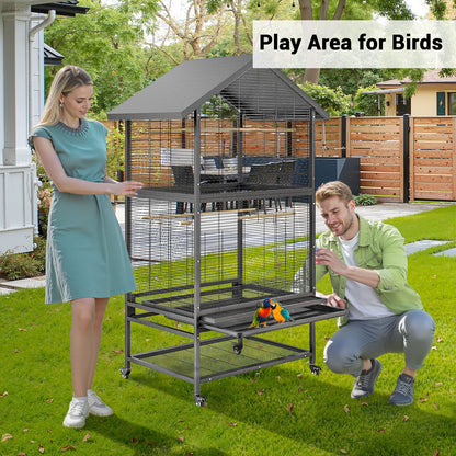 Vogelkooi – Vogelhuis – Vogelkooi Met Wieltjes – Vogelverblijf – Vogelkooi Zwart – Stevige Metaalconstructie – Mobiel Met Opbergruimte