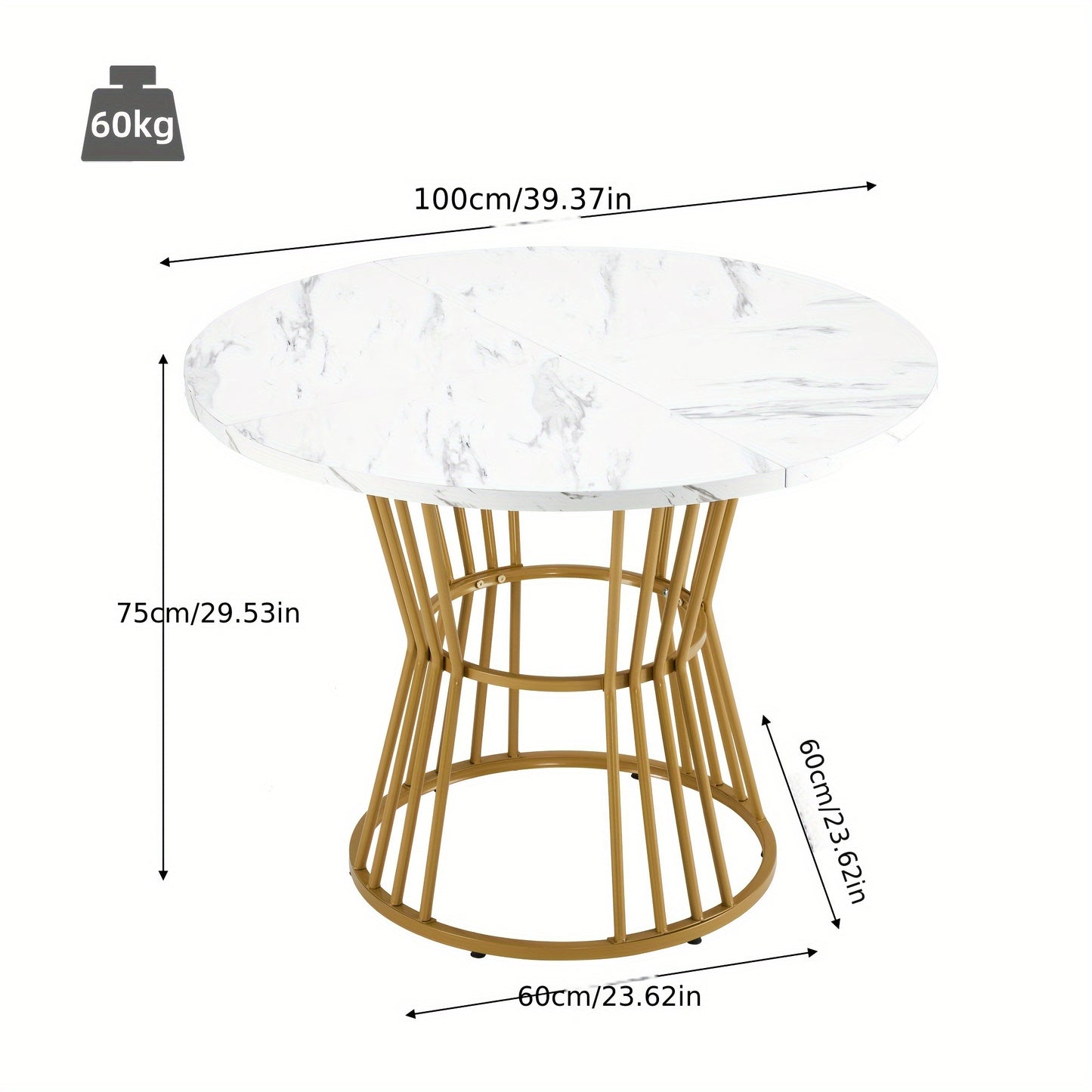Ronde Eettafel – Eettafel Rond – Keukentafel – Ontbijttafel – Tafel Marmerlook – Wit Gouden Frame – Compact Design – Stevig Metalen Frame