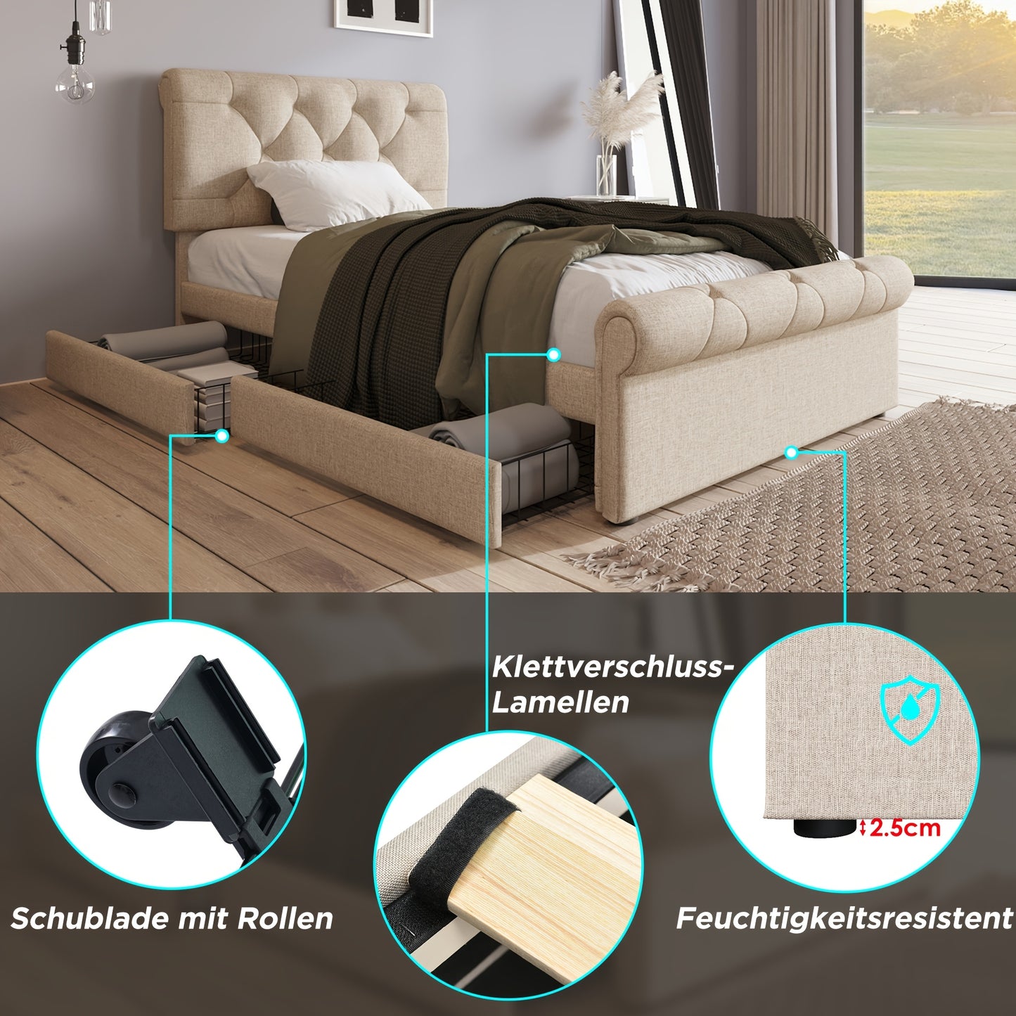 Eenpersoonsbed – Bed – Slaapbank – Logeerbed – Kinderbed – 90x200 cm – 2 Opberglades – Verstelbaar Hoofdeinde – Chesterfield Design – Natuurlijke Khaki Kleur