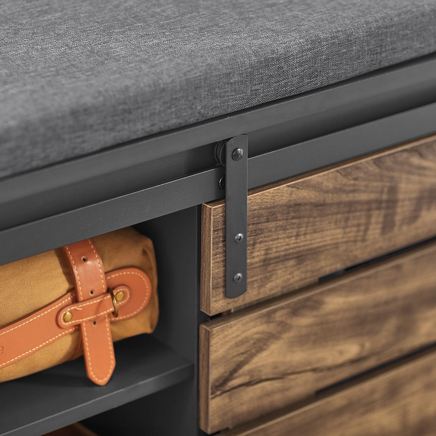 Schoenenrek – Schoenenkast – Schoenenopberger – Schoenenbank – Schoenenmeubel – Hout – Schuifdeuren – Met Zitkussen – Vintage Design – 80x35x48 cm