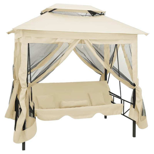 Schommelbank – Tuinschommel – Hangbank – Loungestoel – Tuinbank – Crème Wit – Weerbestendig Stalen Frame – Uitklapbaar Ligbed 220x160x240 cm
