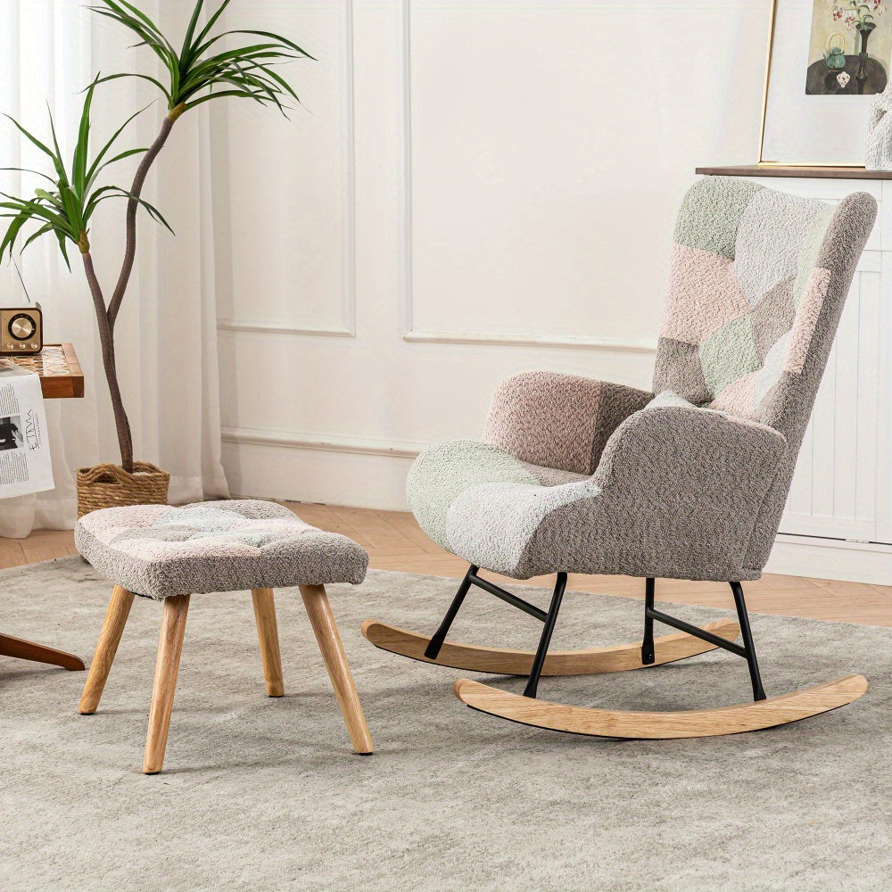 Schommelstoel – Lounge Chair – Fauteuil – Relaxstoel – Tuinstoel – Met rubberhouten frame – Memory foam zitkussen & lendensteun – Inclusief voetenbankje (49x38x37 cm) – Multicolor design