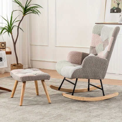 Schommelstoel – Lounge Chair – Fauteuil – Relaxstoel – Tuinstoel – Met rubberhouten frame – Memory foam zitkussen & lendensteun – Inclusief voetenbankje (49x38x37 cm) – Multicolor design