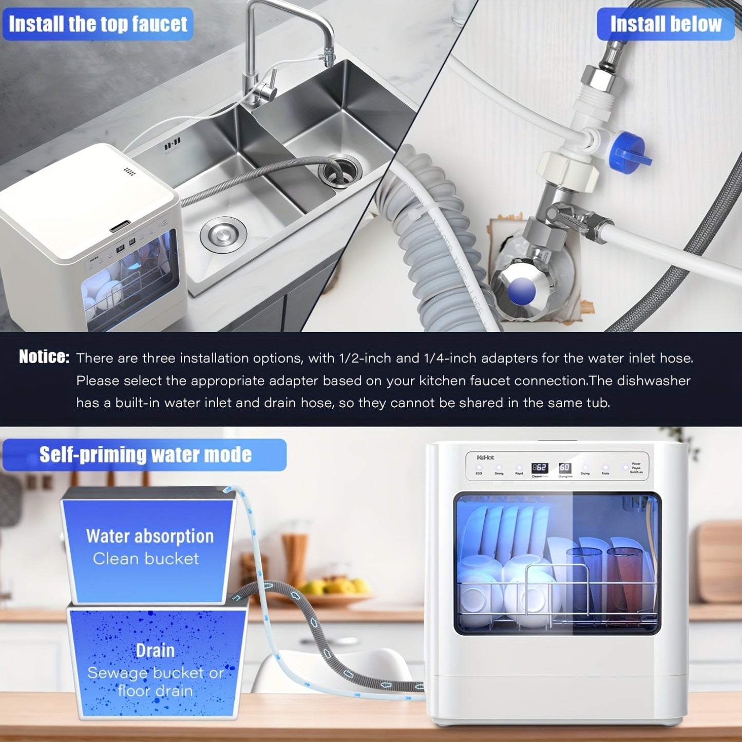 Draagbare Aanrechtvaatwasser – Mini Vaatwasser – Compacte Afwasmachine – Tafelmodel Vaatwasser – Mobiele Vaatwasser – 5-in-1 Wasprogramma’s – Zelfaanzuigend Water Systeem