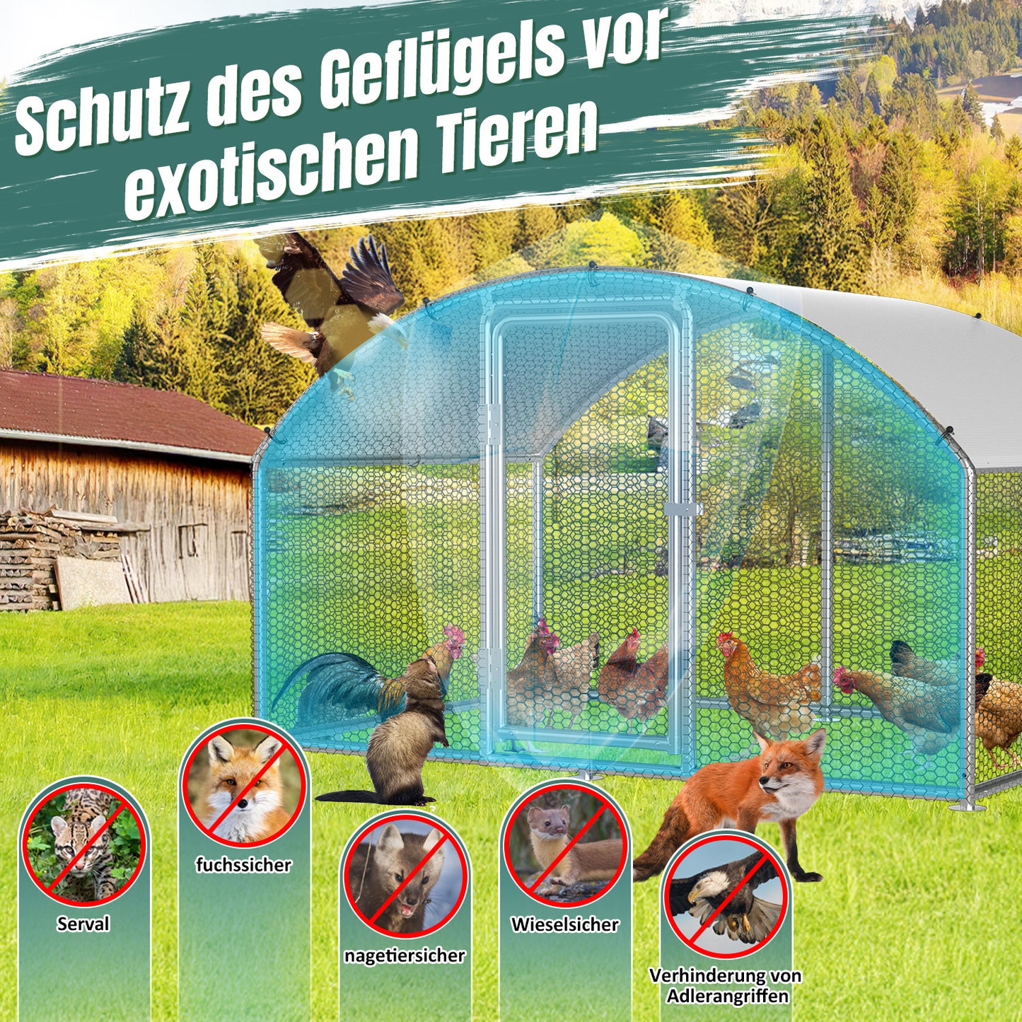 Chicken Coop Free-Range Enclosure, 3X2X2M/3X4X2M/3X6X2M/3X8X2M Galvanized Steel, Chicken House Dome Roof with Lock And Pe-Colored Tarpaulin, Easy to Clean, for Chicken Cage Bird Cage.