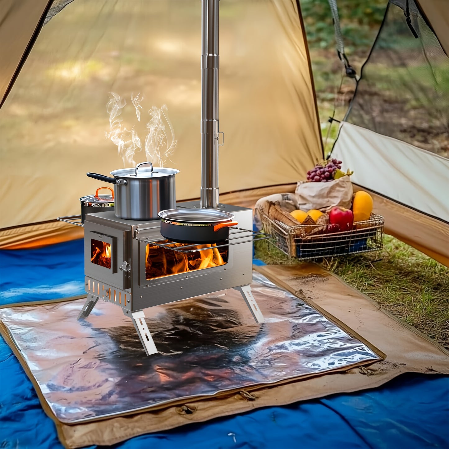 Draagbare Houtkachel – RVS Kachel – Kampeer Kachel – Backpack Kachel – Outdoor Kachel – Roestvrij Staal – Compact & Inclusief Accessoires – Silvery