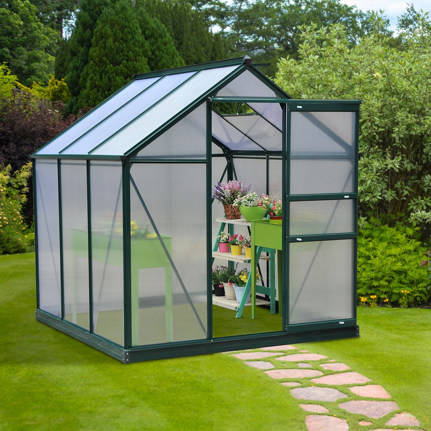 Kas – Tuinkas – Plantenkas – Broeikas – Groentekas – Polycarbonaat Panelen – Versterkte Fundering – 190x192x201 cm – Aluminium Frame – UV-bestendig – Donkergroen