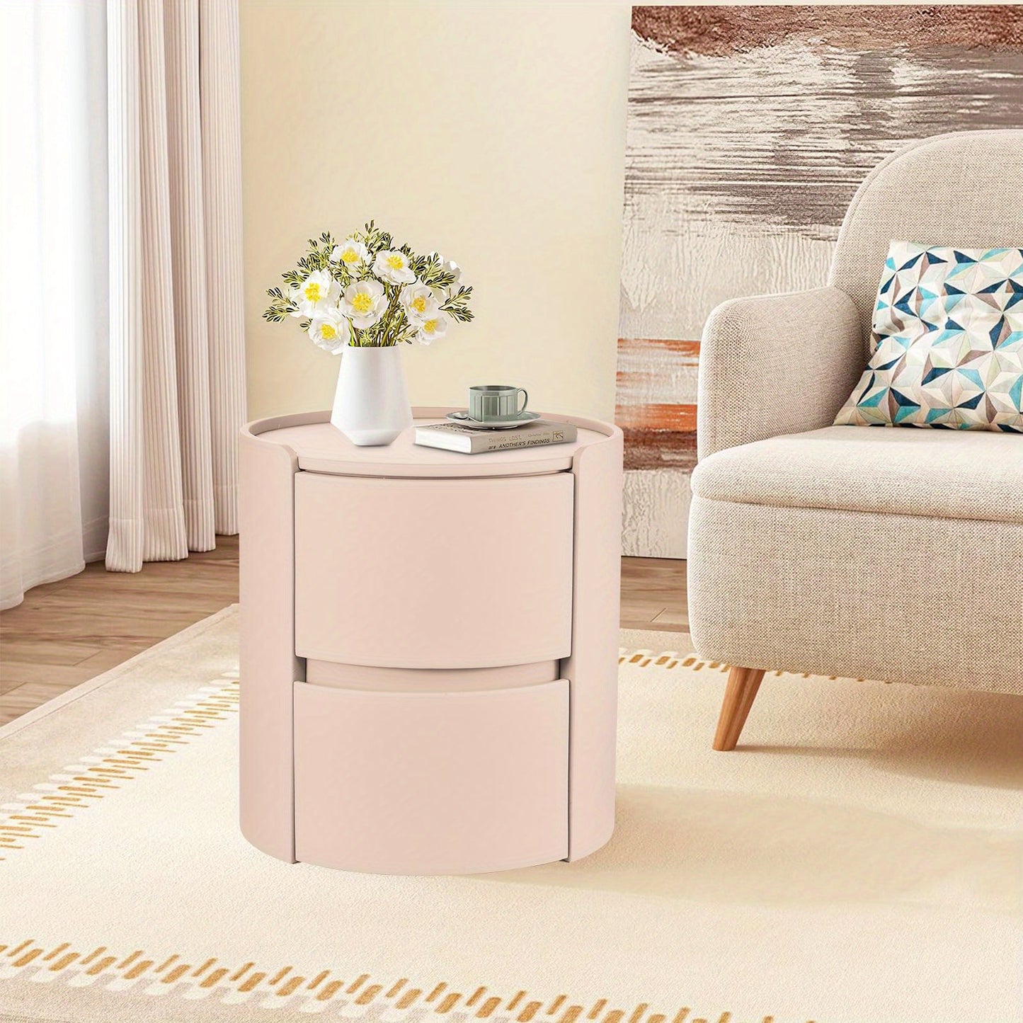 Ronde Nachtkast – Nachtkastje – Bedside Table – Dressoir – Bijzettafel – Oranje Zadelleren Bovenblad – Massief Hout – 2 Laden – Compact 45x45x50 cm