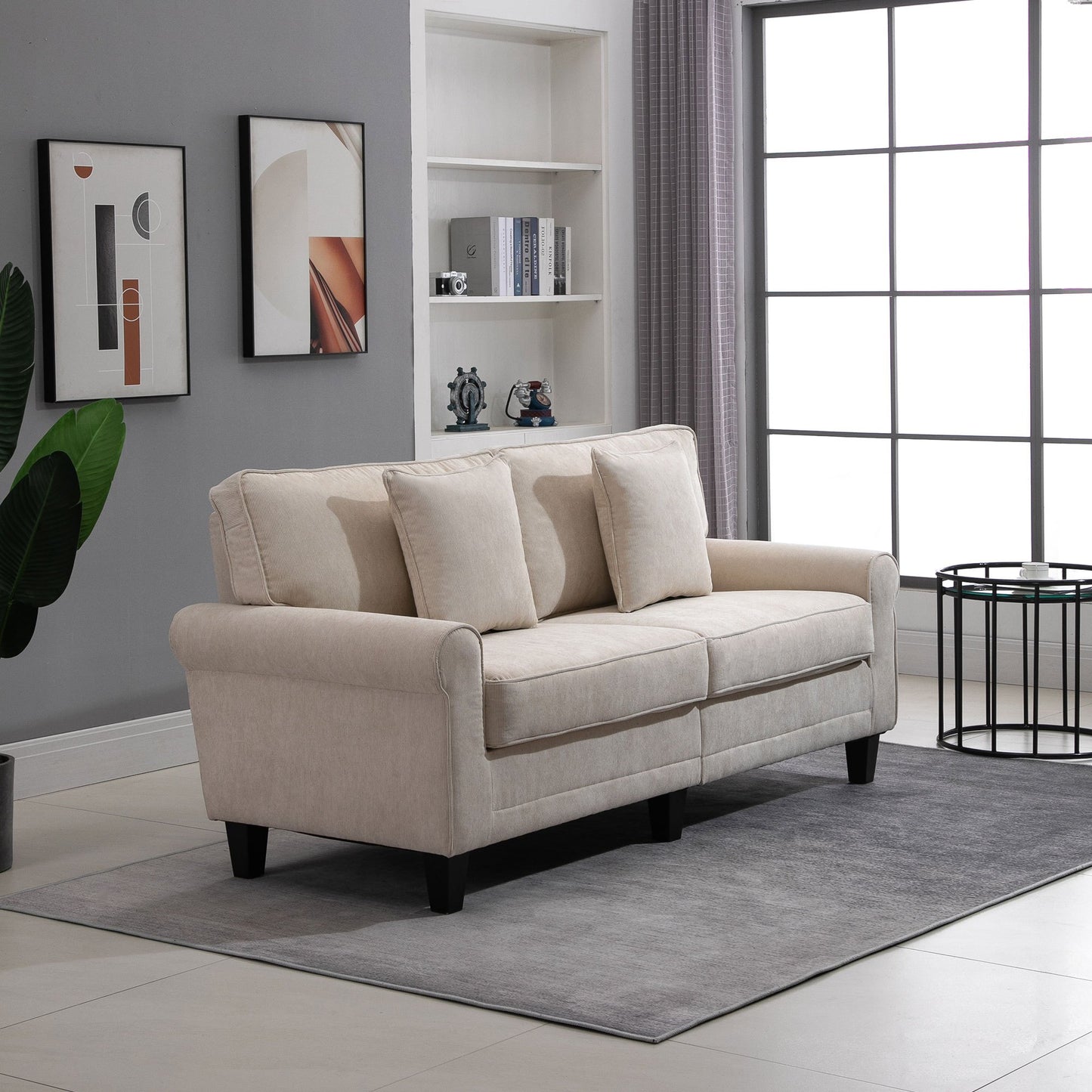 Bankstel – 3-zitsbank – Sofa – Slaapbank – Zithoek – Beige Ribfluweel – Hoogwaardig Zitcomfort 197 cm – Massief Dennehouten Poten – Inclusief 2 Sierkussens