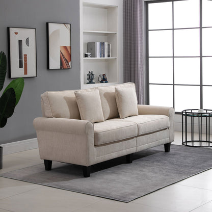 Bankstel – 3-zitsbank – Sofa – Slaapbank – Zithoek – Beige Ribfluweel – Hoogwaardig Zitcomfort 197 cm – Massief Dennehouten Poten – Inclusief 2 Sierkussens