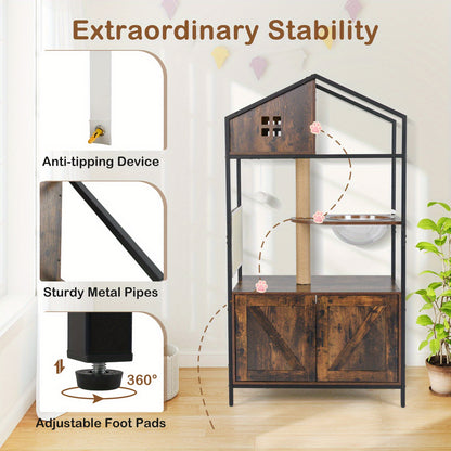 Kattentoren – Krabpaal – Kattenhuis – Kattenmeubel – Kattenbakmeubel – Ingebouwde Kattenbak – Ventilatieopeningen – Stevig Metaal & Jute – Rustic Brown/Black