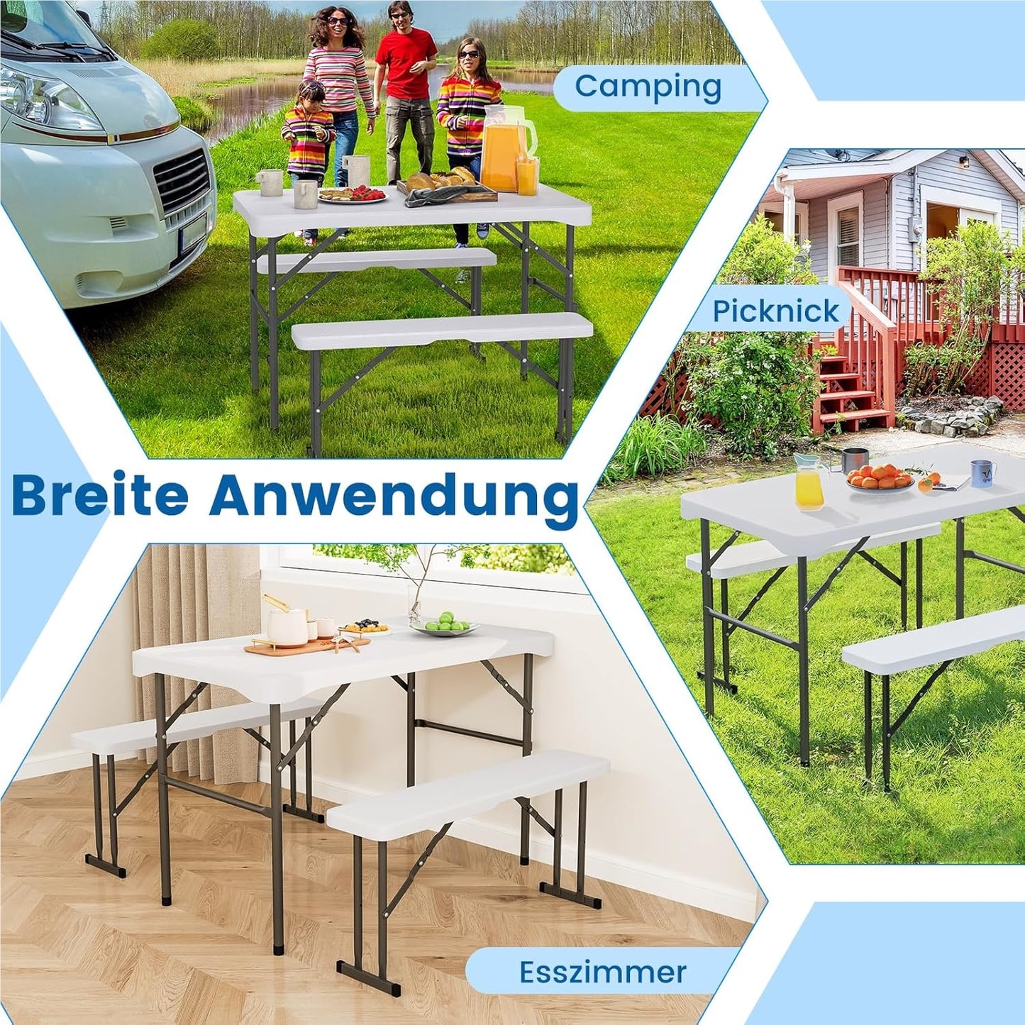 Inklapbare Biertafelset – Biertafel – Bierbank – Picknicktafel – Tenttafel – Compact – Weerbestendig HDPE – 108 cm – Met 2 Banken