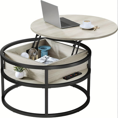 Salontafel Rond – Koffietafel – Bijzettafel – Woonkamertafel – Salon Tafel – Lift-Top Met Verborgen Opbergruimte – Licht Esdoorn Hout Met Metaal