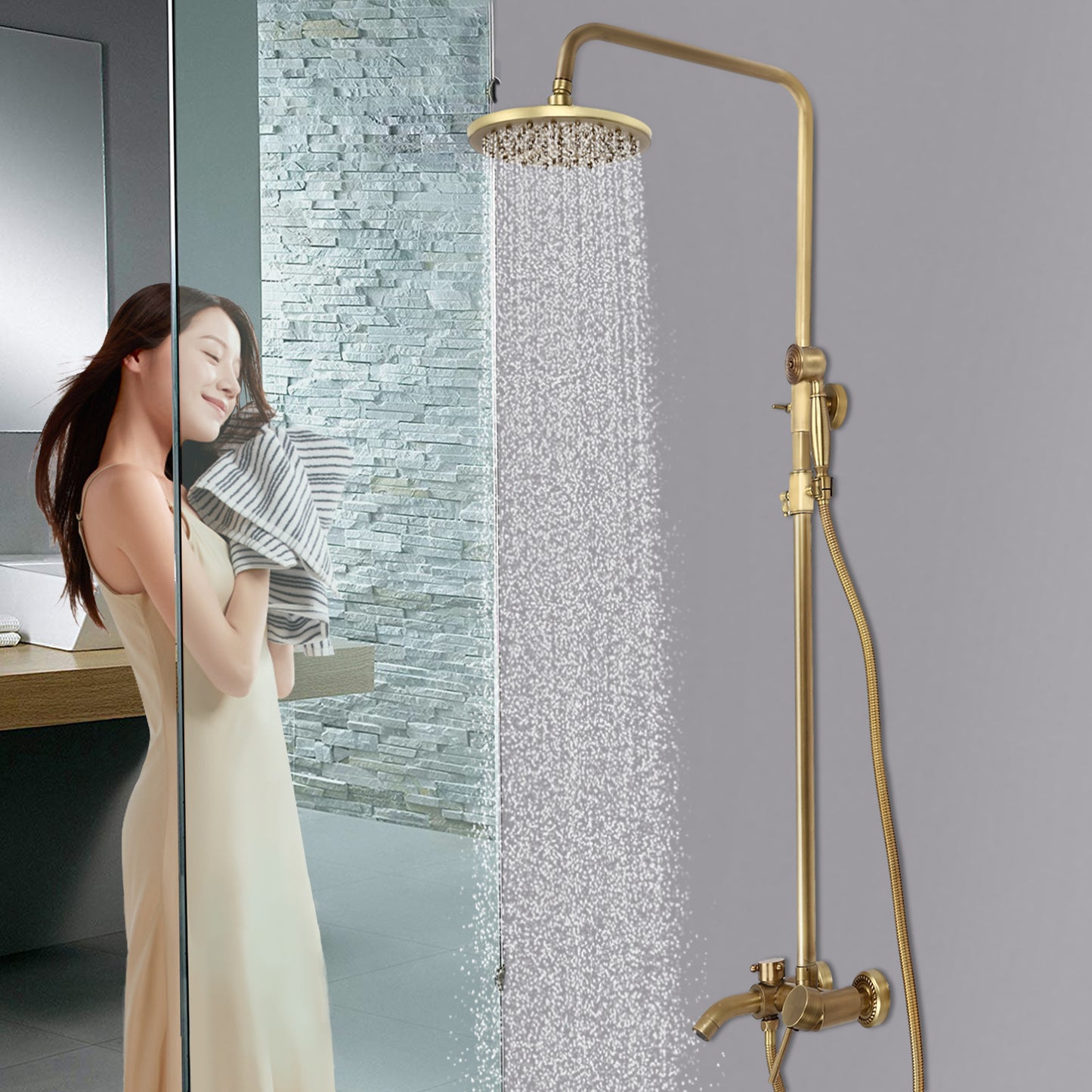 1 Set Antique Brass Shower System - Heavy-Duty Brass & Wall-Mounted Rain Shower Head with Handheld Attachment, 3-Spray Modes (Rain/Handheld/Combination), Fit for Modern Bathroom, Vintage Bath Set for Hot & Cold Water