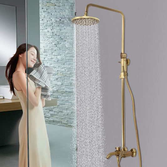 1 Set Antique Brass Shower System - Heavy-Duty Brass & Wall-Mounted Rain Shower Head with Handheld Attachment, 3-Spray Modes (Rain/Handheld/Combination), Fit for Modern Bathroom, Vintage Bath Set for Hot & Cold Water