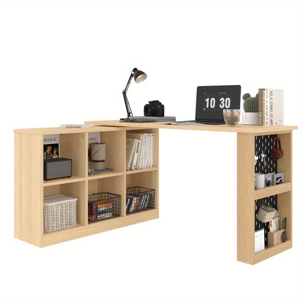 Computertafel – Computerbureau – Bureautafel – Werktafel – Thuiskantoor Bureau – 140x104x75 cm – MDF Metalen Frame – Zes Opbergvakken + Plank – Draaibaar Ontwerp – Houtlook Natuurlijk