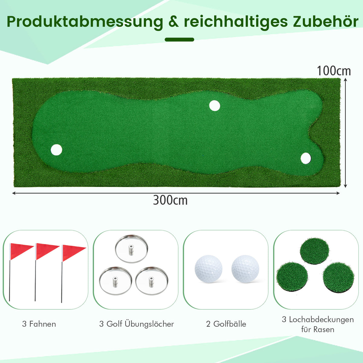 Golf Putting Green – Golf Oefenmat – Putting Mat – Indoor Golf Set – Golf Trainingsmat – Professionele Kwaliteit – Inclusief 2 Golfballen en 3 Holes