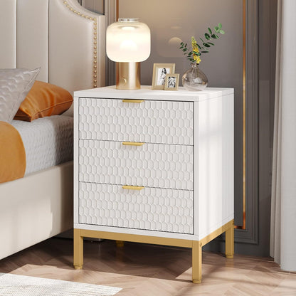 Nachtkastje – Bijzettafel – Bedside Table – Opbergkast – Nachtkast – Wit Gouden Afwerking – 3 Lades – E1 Spaanplaat Met Metaal