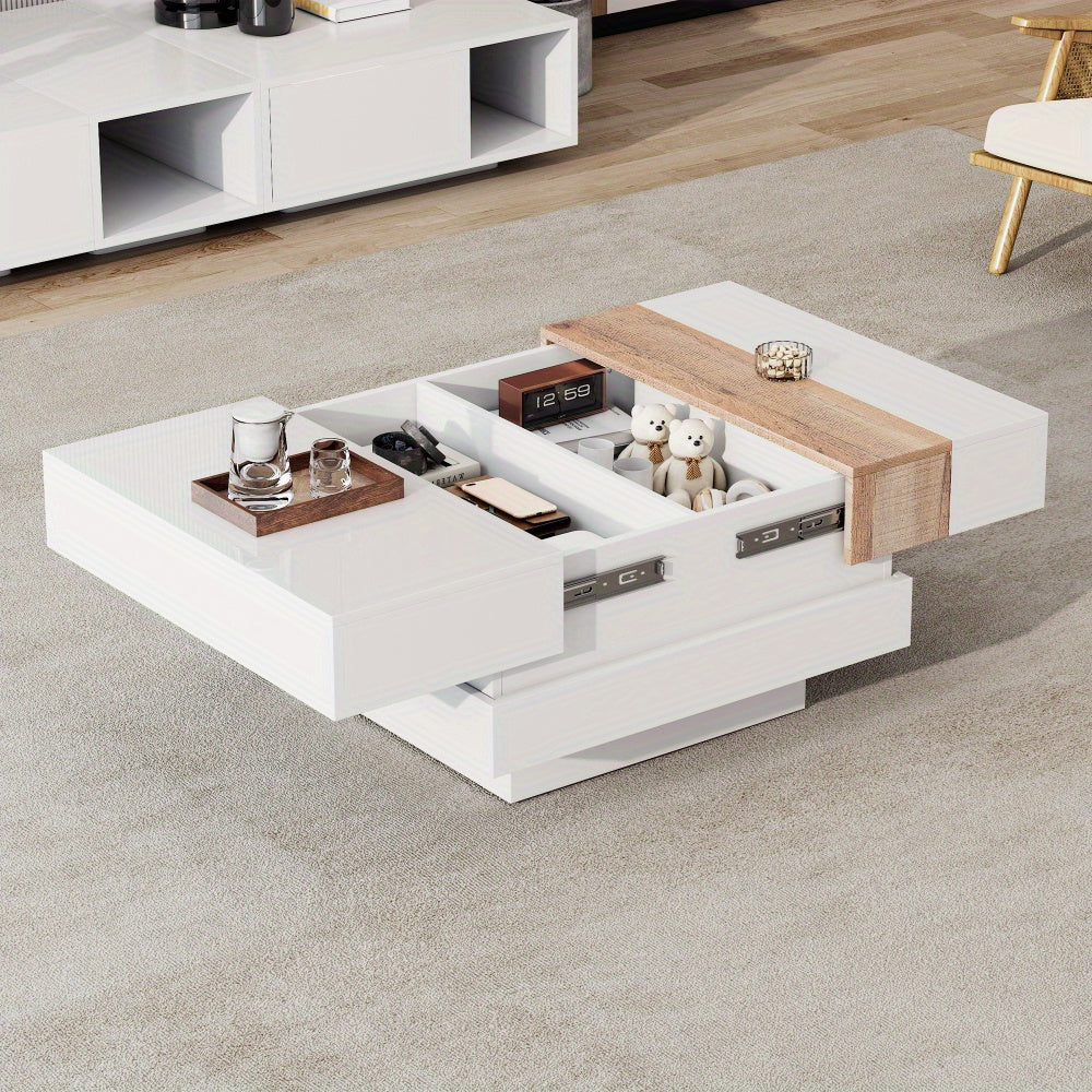 Modern White Metal Coffee Table with Extendable Top & Hidden Storage Shelves - 70x70x39cm, High-Gloss Finish, Square Design for Living Room, Bedroom, Office - Space-Saving Side Table with Drawers, Coffee Table for Living Room