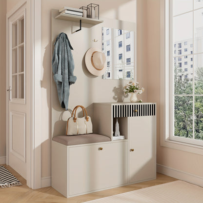 Hal-kast – Halgarderobe – Schoenenkast – Opbergkast – Lampenkast – Bamboe Materiaal – Met Spiegel en Zitbank – 110x185,5x37 cm – Vrijstaand en Ruimtebesparend