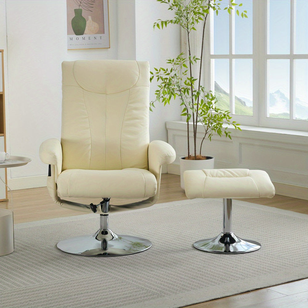Modern White Beige Reclining Swivel Chair and Footstool Set with 360° Rotating Mechanism, Manual Recliner Sofa with Stool for Living Room, Bedroom - Easy Assembly, Durable Comfortable Lounge Chair with Sturdy Footrest, Space