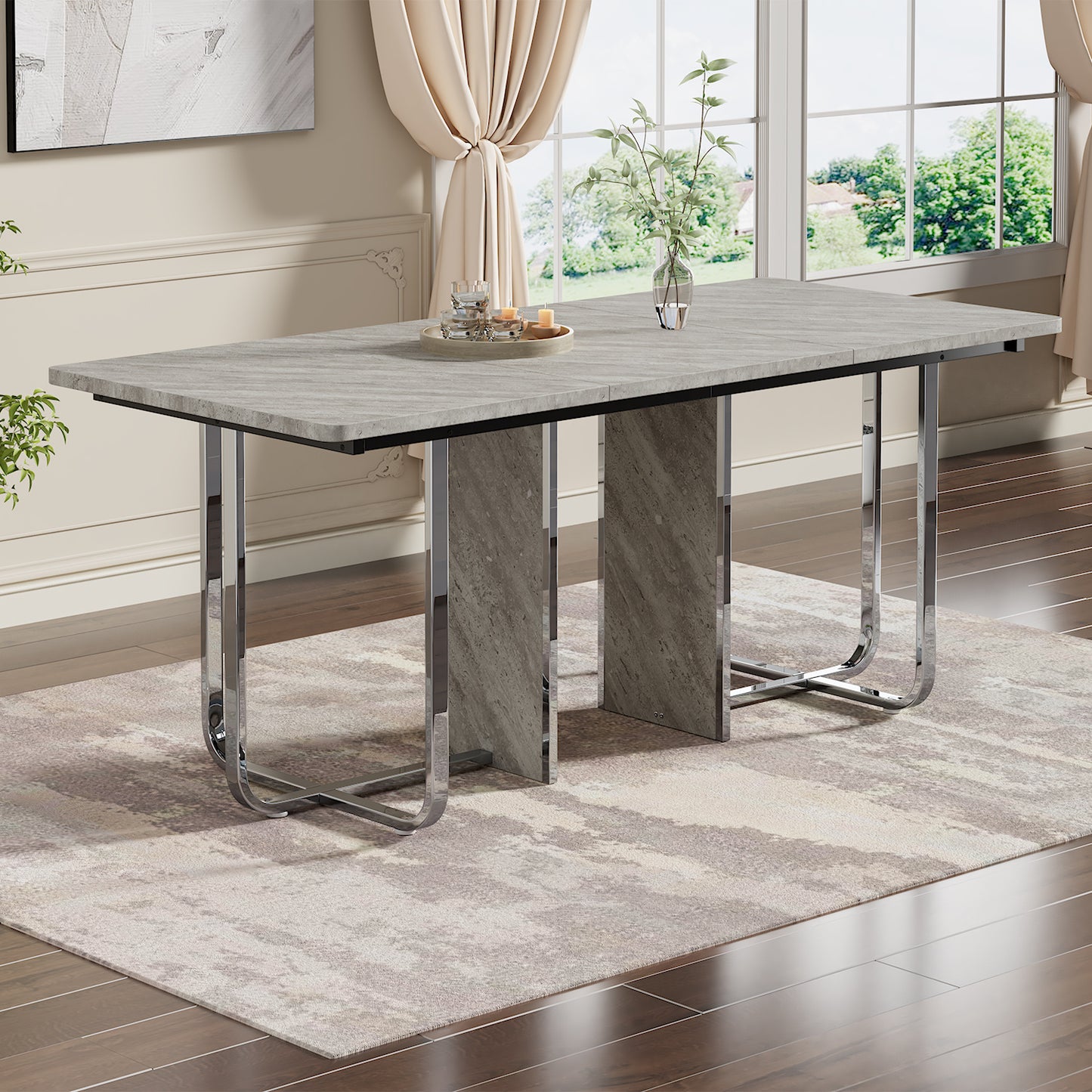 BTM Dining Table, 180cm x 80cm x 75cm, Modern Dining Table, Sturdy Dining Table, Metal Legs, Large Dining Table, Rectangular Dining Table, Dining Table for 6 People, Modern Simple Dining Table, Gray + Silver
