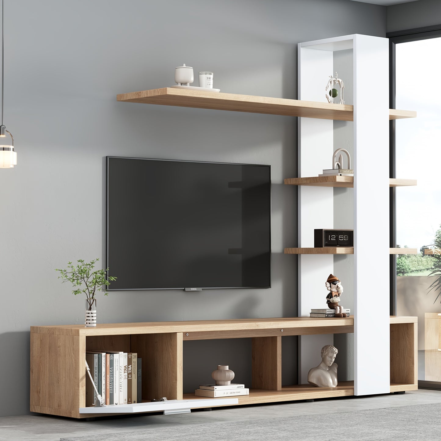 Woonkamermeubelset – Tv-meubel – Wandmeubel – Mediameubel – Kastenset – Wit – Geschikt Voor Tv’s Tot 152,4 cm – Duurzaam Bamboe – Veel Opbergruimte
