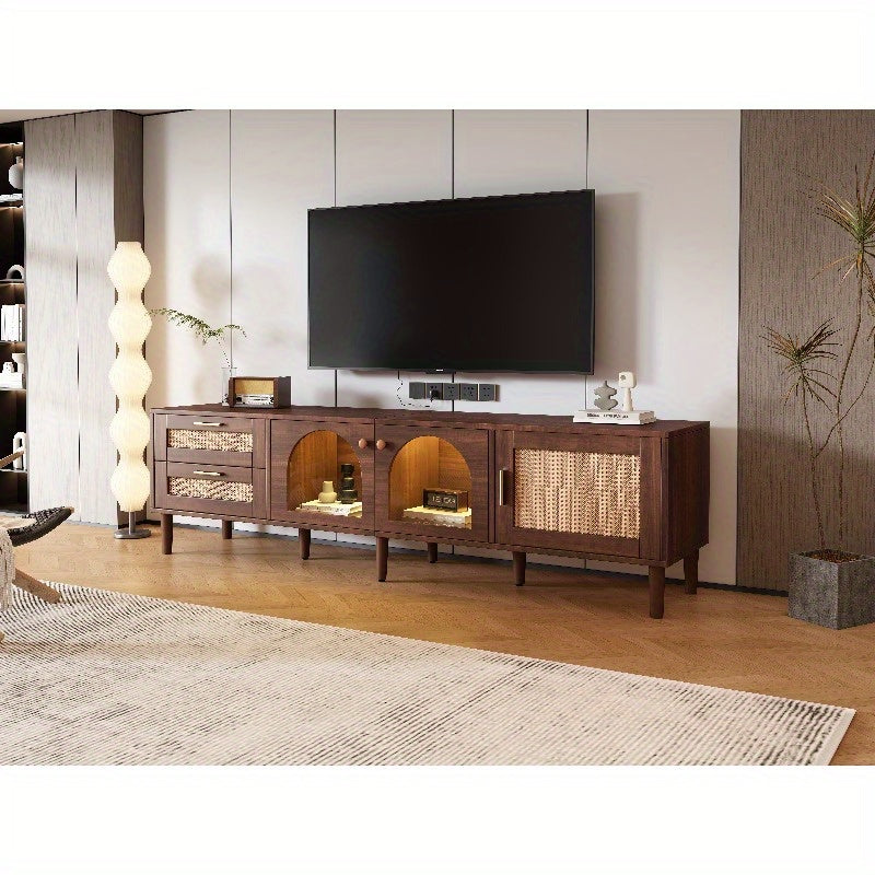 180cm TV Meubel – Tv Stand Living Room – Meubel Tv Met Rattan Lades – Tv Kast Met Glasdeuren – Entertainment Center – Metaal Frame – Stijlvol Design
