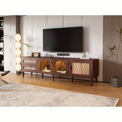 180cm TV Meubel – Tv Stand Living Room – Meubel Tv Met Rattan Lades – Tv Kast Met Glasdeuren – Entertainment Center – Metaal Frame – Stijlvol Design